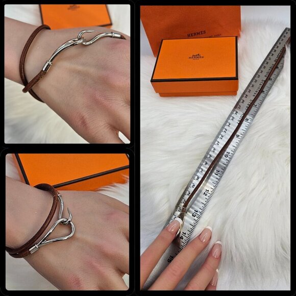 Hermès Brown Leather Silver-Tone Hook Bracelet - Picture 14 of 14